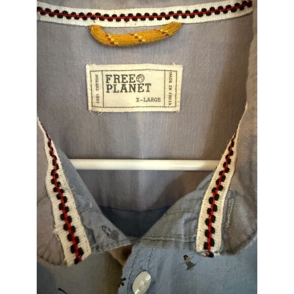 Free Planet Tropical Print Blue Button Down Short Sleeve Shirt Mens Sz XL - Picture 5 of 5